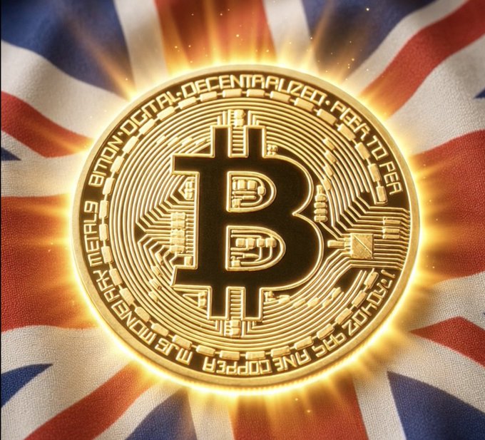 A glowing golden Bitcoin coin overlaid on a British Union Jack flag, with text reading 'BITCOIN DIGITAL DECENTRALIZED PEER TO PEER' and 'MJB MONEY COPPER'.