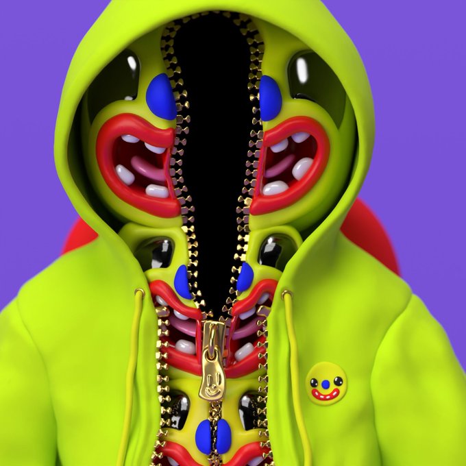 A surreal 3D rendering of a yellow-green hoodie character with a zipper revealing multiple grinning mouths and eyes inside, set against a purple background.