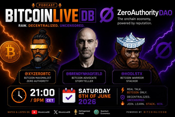 The image features a poster for an event called "BitCoinLive DB" that was posted on Twitter at 2:00 pm (noon). The poster includes three men, each wearing different colored hats, with the man in the center wearing a black hat. The poster also has a clock and some text about Bitcoin Live DB.