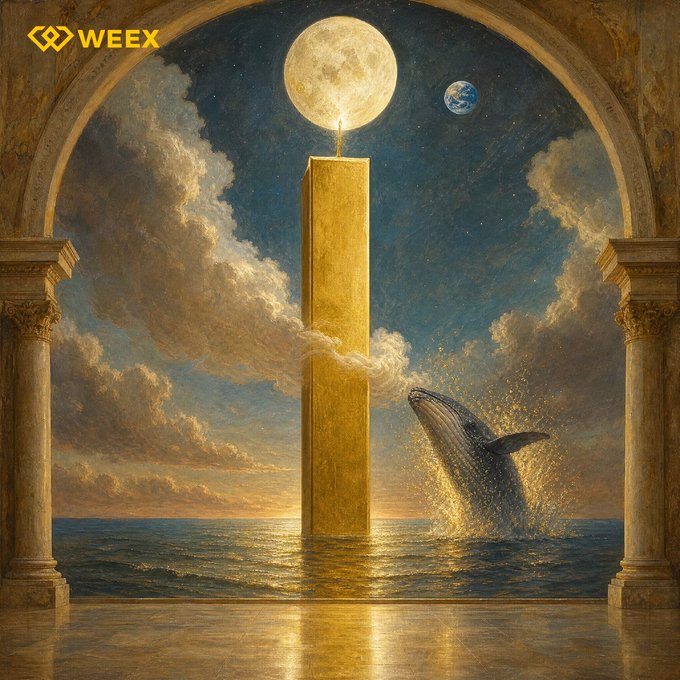 A surrealist painting features a massive golden pillar rising from the ocean beneath a luminous full moon, while a humpback whale breaches nearby, with Earth visible in the starry sky and the "WEEX" logo in the upper left—evoking the cryptic "GMMMOON!" post through its otherworldly lunar monument.
