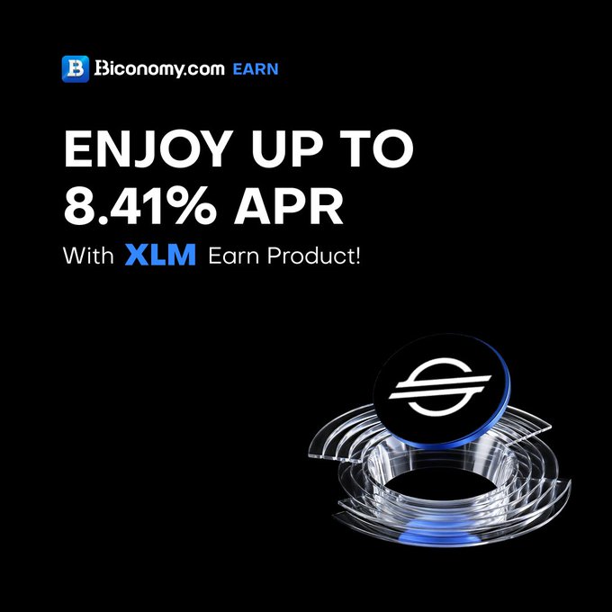 The image features a black background with white text that reads "Enjoy up to 8.41% APR with XLM Earn product!". The text is written in blue, making it stand out against the black background. There are two circles on the right side of the image - one is blue and the other is black. These circles appear to be made from glass or plastic materials.