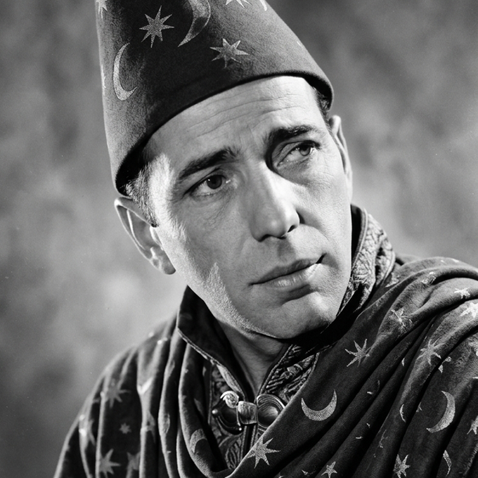 The image features a man wearing a hat with stars on it, possibly a wizard's hat or a top hat. He appears to be dressed in period clothing, which suggests that he might be from an era when such attire was common. The man is looking off into the distance and has his mouth open, giving him a serious expression. There are no other objects or texts present in the image, so it focuses solely on the man's attire and expression.