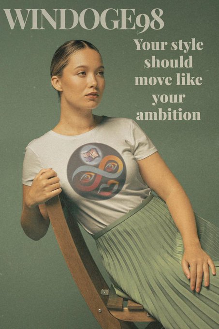 An advertisement for "WINDOGE98" with the tagline "Your style should move like your ambition," showing a woman modeling a graphic t-shirt and green pleated skirt.