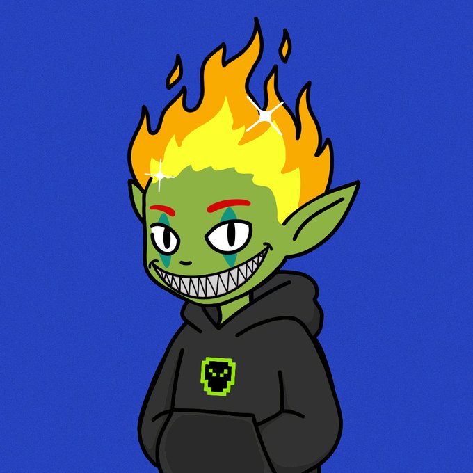 A digital illustration of a green-skinned cartoon character with flame-like yellow hair, pointed ears, a sharp toothy grin, and clown-like face makeup, wearing a black hoodie against a blue background.