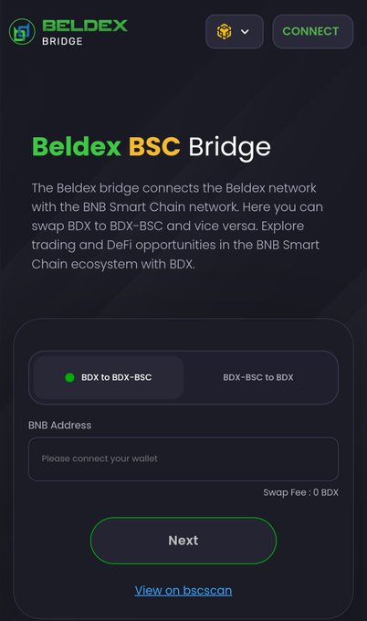 The Beldex BSC Bridge interface, a tool to swap BDX tokens between the Beldex network and the BNB Smart Chain.