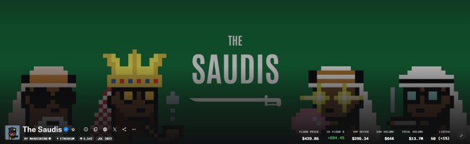 A pixel art banner titled 'THE SAUDIS' features four cartoon-style figures wearing traditional keffiyeh and crowns against a green background, with a sword graphic beneath the title. Bottom-left text shows the username 'The Saudis' with social media handles (@THEAUDIS, @THESAUDIS) and follower count '3,142', while bottom-right displays trading statistics including 'FUTURE PRICE $420.85', 'TOP 10 1.05%', '24HR VOLUME $206.5M', '24HR $846', 'TOTAL $13.7M', and 'LIFETIME 0 (13)'. The logo and dashboard 'THE_SAUDIS' appears in the bottom right corner.