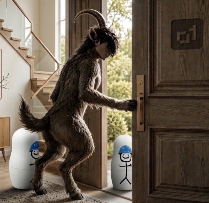 A furry creature with horns and a tail opens a wooden door in a home, while two small white characters wearing blue hard hats watch from the floor.