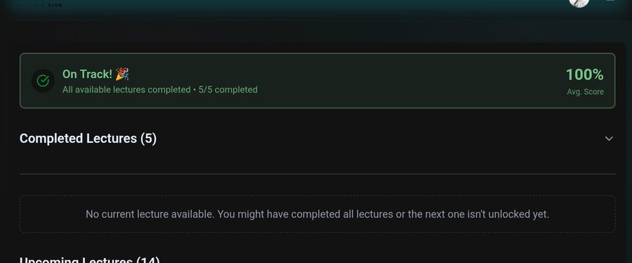A learning dashboard displays "On Track! 🎉 All available lectures completed · 5/5 completed" with a 100% Avg. Score, alongside sections for Completed Lectures (5) and a message stating "No current lecture available. You might have completed all lectures or the next one isn't unlocked yet." The image illustrates the post's celebration of completing Episode 5 of the Arc Bootcamp, marking full completion of the course's five available lectures on how USDC operates as an ERC-20 token on Ethereum.