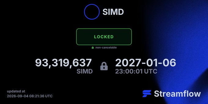 A dark interface showing a SIMD token lock screen displaying 'LOCKED' status, 93,319,637 SIMD amount, unlock date of 2027-01-06 23:00:01 UTC, last updated 2026-09-04 08:21:36 UTC, with a Streamflow logo.