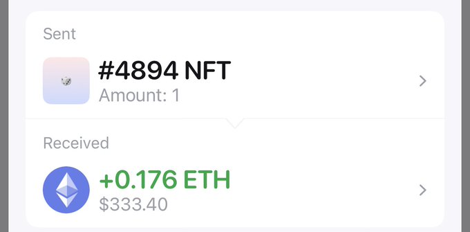 A cryptocurrency transaction screenshot showing an NFT (#4894, Amount: 1) was sent in exchange for 0.176 ETH (approximately $333.40) received. This aligns with the celebratory post about making $333 from an NFT sale.