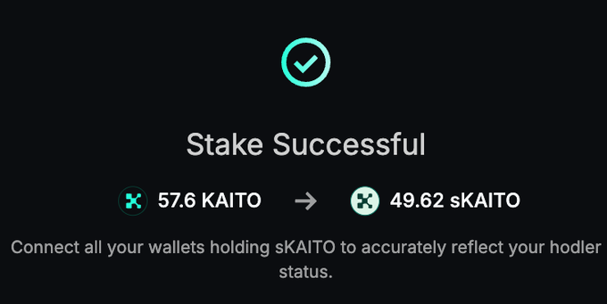 A screenshot showing a successful cryptocurrency transaction with the text 'Stake Successful', converting 57.6 KAITO into 49.62 sKAITO.