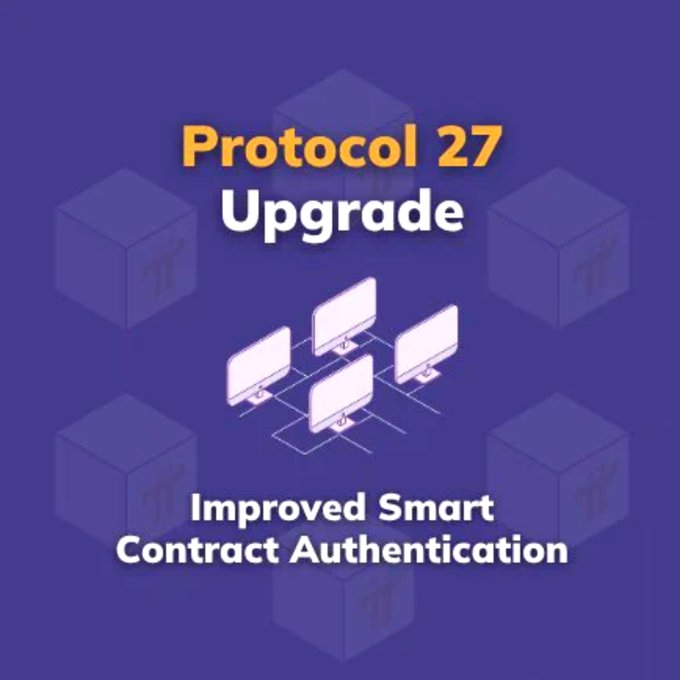 The image is a purple graphic announcing "Protocol 27 Upgrade" with "Improved Smart Contract Authentication," featuring connected monitor illustrations. It relates to the post by visually highlighting the Protocol 27 upgrade that activated the AMM DEX on Mainnet, which the author cites as the foundation for their prediction about Africa's growing role in Pi's decentralized exchange.
