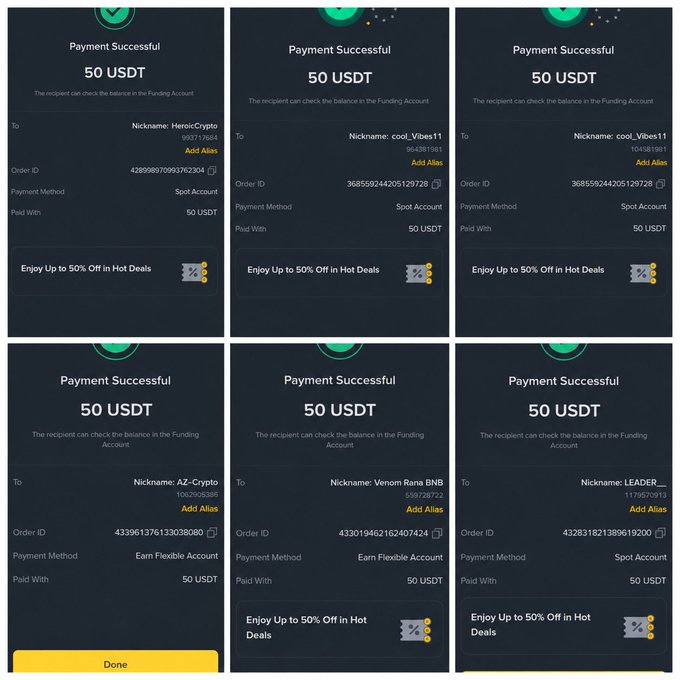 The image displays six "Payment Successful" confirmation screens, each showing a transfer of 50 USDT to different cryptocurrency account nicknames (HeroicCrypto, cool_Vibes11, AZ-Crypto, Venom Rana BNB, and LEADER_...) using various payment methods including Spot Account and Earn Flexible Account. The image serves as visual proof of these $50 USDT transactions to back up the post's claim of distributing money to people who share their UIDs.