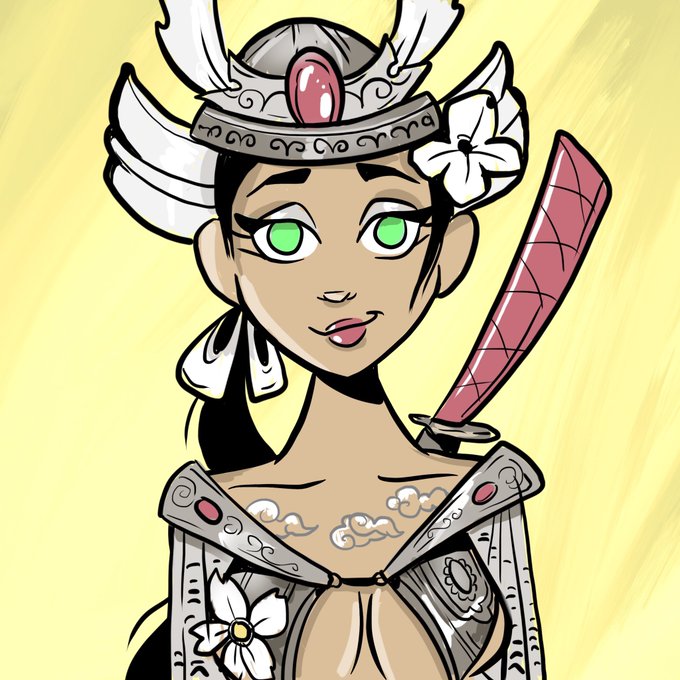 A cartoon illustration of a female warrior character with green eyes, wearing an ornate silver and white headdress, holding a red sword, set against a yellow background.