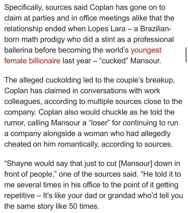 The image shows a news article excerpt detailing claims that Shayne Coplan reportedly mocked his estranged ex-partner Michael Hirtenstein as a "cuckold" for continuing to work alongside him. The accompanying joke plays on the irony that the CEO of Polymarket (a prediction market platform) would seemingly oppose such "arrangements" despite the company's forward-thinking culture.