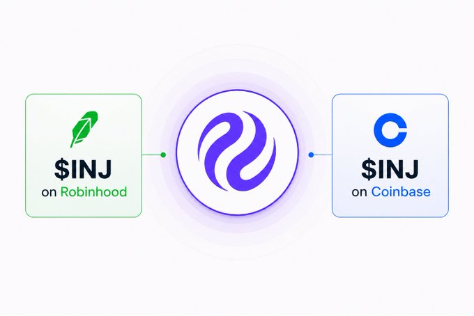 A graphic showing $INJ token availability on two platforms: Robinhood on the left and Coinbase on the right, connected by a central logo.