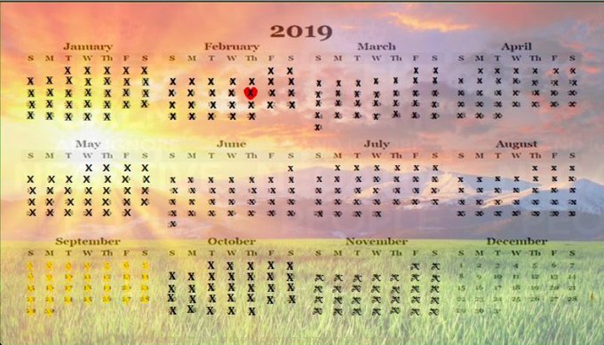 A 2019 calendar overlaid on a scenic landscape features scattered "X" marks and a single red heart on February 14th (Valentine's Day). The calendar's gradual transition from "X" marks to actual dates visually symbolizes the passage of time, reinforcing the post's theme that the ECB's early blockchain-related statements have only grown more relevant "like fine wine" over the years.