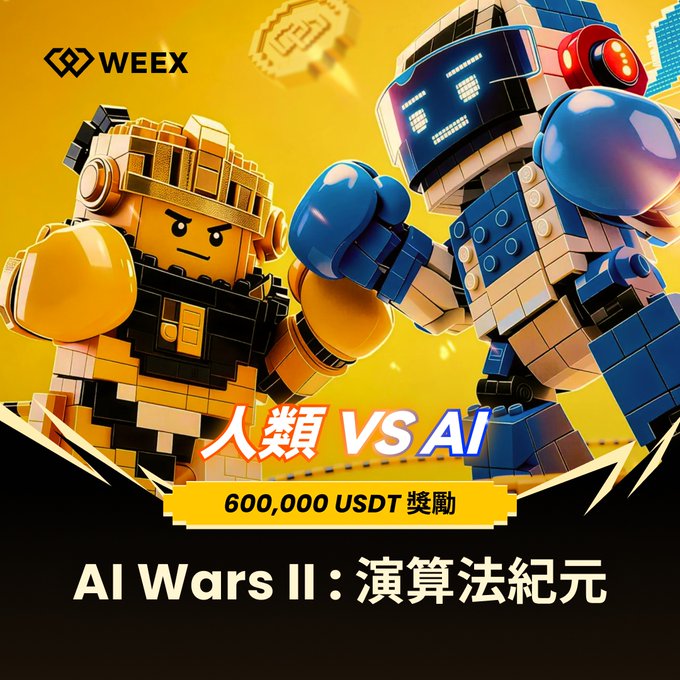 A WEEX promotional poster for "AI Wars II: 演算法紀元" featuring two LEGO-style robots (one gold, one blue) facing off, with text reading "人類 VS AI" and "600,000 USDT 獎勵".