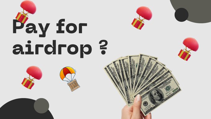 A graphic asking 'Pay for airdrop ?' featuring gift boxes, a parachute with a box, and a hand holding a fan of US dollar bills.