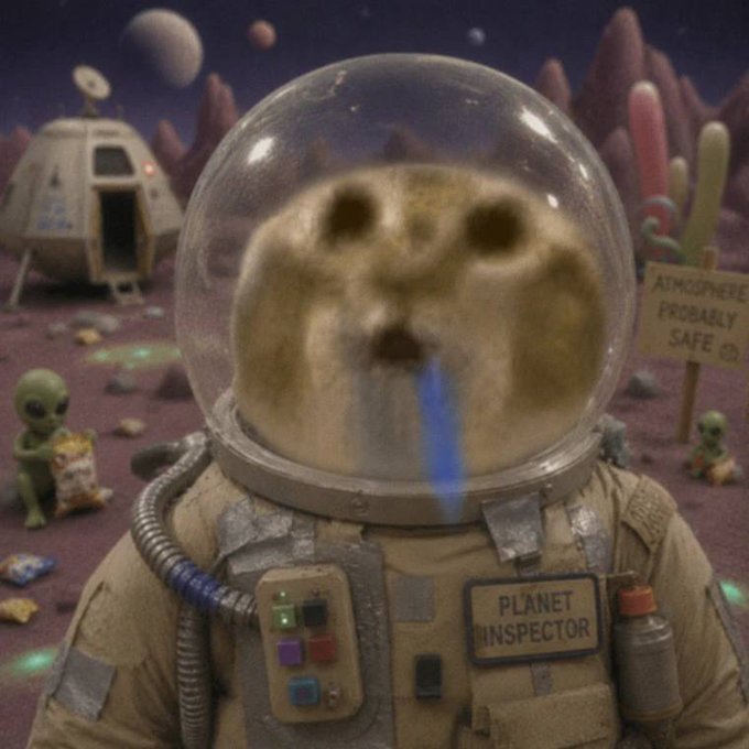 A fuzzy creature wearing a spacesuit labeled "PLANET INSPECTOR" stands on an alien planet with a sign reading "ATMOSPHERE PROBABLY SAFE" and alien figures nearby.