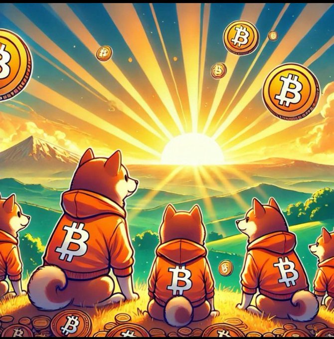A digital illustration showing several Shiba Inu dogs wearing orange hoodies with a white "B" (Bitcoin symbol) on the back, looking toward a bright sunburst over mountains with floating Bitcoin coins.