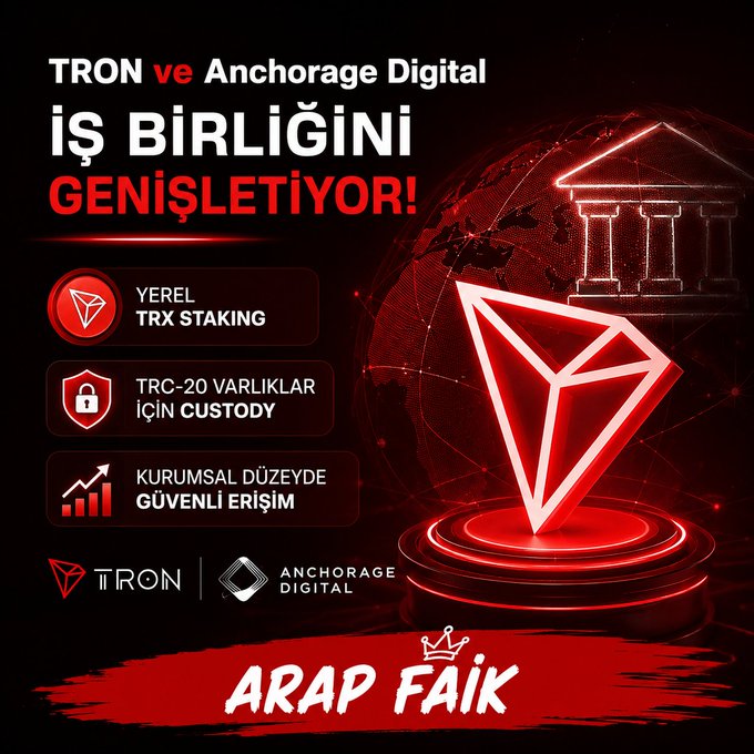 The image is a promotional graphic in Turkish announcing that TRON and Anchorage Digital are expanding their partnership. Key features highlighted include native TRX staking, custody for TRC-20 assets, and institutional-grade secure access, with the headline reading "TRON ve Anchorage Digital İŞ BİRLİĞİNİ GENİŞLETİYOR!" and branded at the bottom as "ARAP FAİK."

The graphic directly illustrates the post's announcement by visually emphasizing the three new institutional services Anchorage Digital is now offering to the TRON ecosystem.
