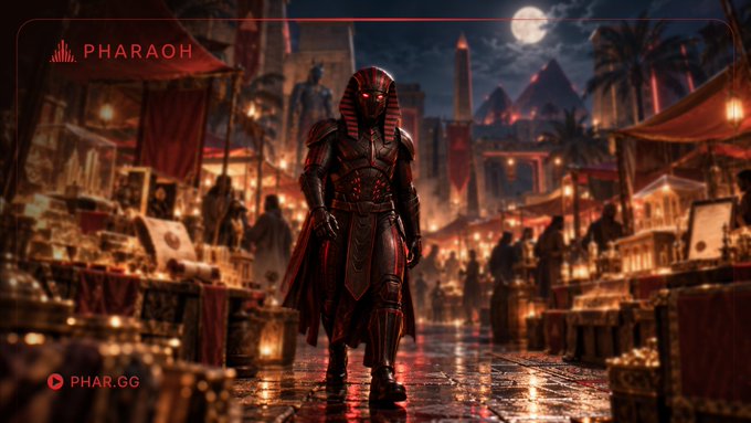 A powerful Pharaoh figure with glowing red eyes stands amidst a bustling, candlelit ancient marketplace beneath a full moon, with "PHARAOH" and "PHAR.GG" visible in the corners. The image reinforces the post's theme of perpetual, round-the-clock trading by blending ancient power and imagery of an always-active "marketplace" with the futuristic concept of tokenized stocks on the Pharaoh platform.