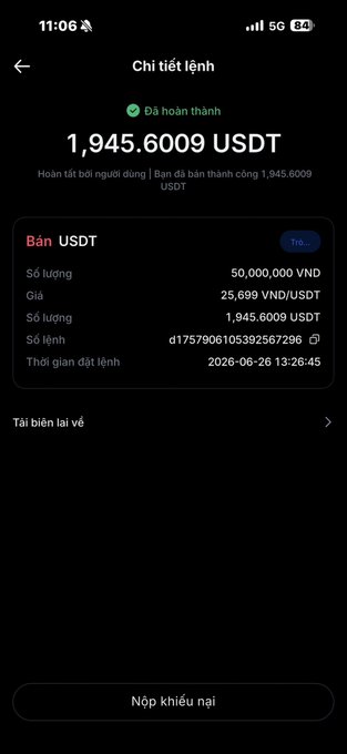 A cryptocurrency trading app screenshot showing a completed order to sell 1,945.6009 USDT for 50,000,000 VND, dated 2026-06-26.