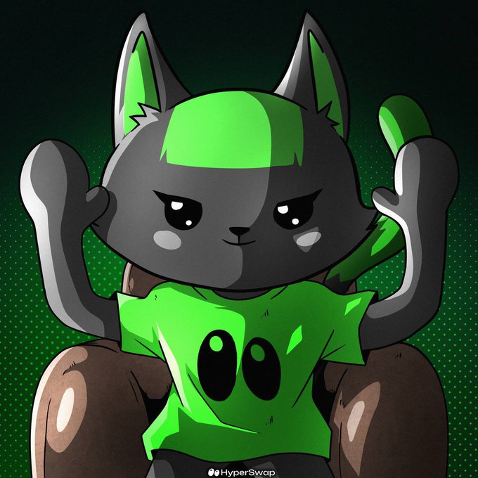A dark cartoon cat with green accents raises its paws while wearing a green shirt, with the text "Absolute memecoin season on HyperEVM" and "@HyperSwap" branding linking the playful character to the HyperEVM memecoin trading platform.