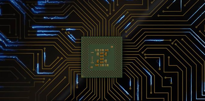 A close-up of a computer processor chip on a circuit board with golden traces and glowing blue electric effects surrounding it.