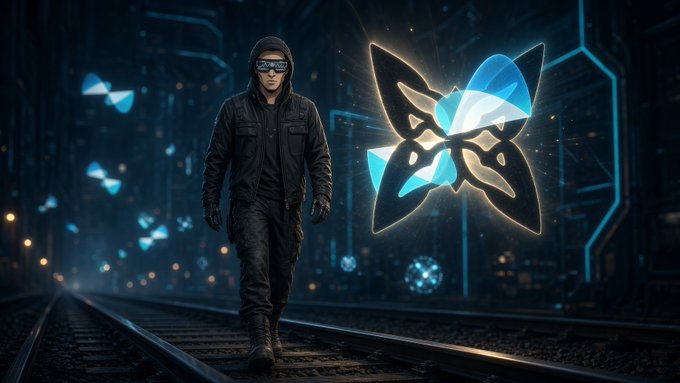 A sci-fi digital illustration shows a hooded figure in dark tactical gear walking along train tracks beside a glowing blue butterfly emblem.