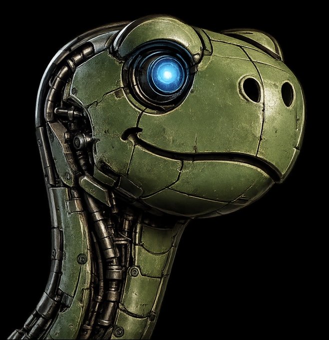 A close-up 3D render of a weathered, green robotic creature with a glowing blue eye, exposed mechanical neck cables, and a segmented metallic head against a black background.