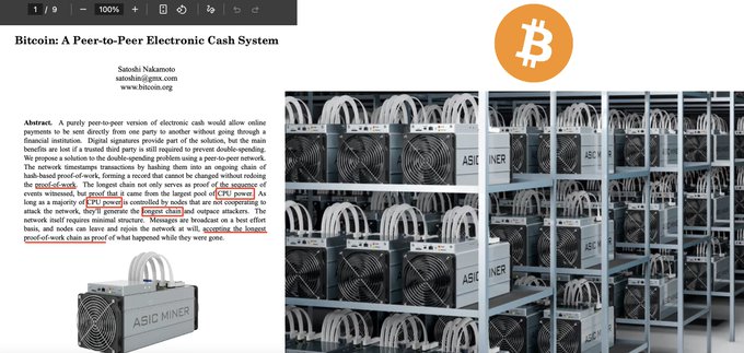 The image displays the Bitcoin whitepaper by Satoshi Nakamoto, with key terms like "proof-of-work chain" and "longest chain" highlighted, alongside rows of professional ASIC mining hardware, illustrating the evolution from Bitcoin's original vision of accessible CPU mining to today's industrial-scale mining operations.