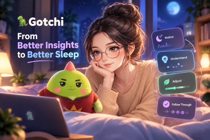 An illustration for 'Gotchi - From Better Insights to Better Sleep' showing a young woman with glasses in bed next to a green dinosaur character and a laptop, with workflow steps shown as Notice, Understand, Adjust, and Follow Through.