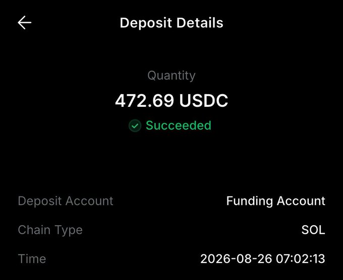 Deposit Details screen showing a successful transaction of 472.69 USDC on the SOL chain at 2026-08-26 07:02:13.