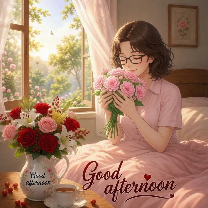 An anime-style illustration shows a smiling girl with glasses smelling pink flowers in a sunlit bedroom, with a vase of roses and the text "Good afternoon" displayed.