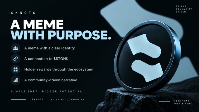 A promotional graphic for the cryptocurrency $KNOTS on the Solana blockchain, featuring the tagline 'A MEME WITH PURPOSE' alongside a 3D coin with the Solana logo, highlighting community-driven features.