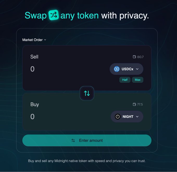 A digital interface for a token swap service reads 'Swap any token with privacy,' showing a market order screen to sell USDCx and buy NIGHT tokens.