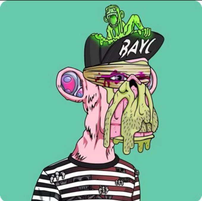 A grotesque, zombie-like ape character with melting green slime dripping from its face wears a black cap displaying "BAYC," with a small green zombie figure emerging from the top, set against a mint green background. The grotesque and decaying aesthetic aligns with the Bored Ape Yacht Club (BAYC) NFT branding referenced in the post, showcasing the recognizable mutant/zombie ape style associated with the collection.