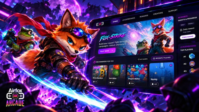 Promotional image for "Airtox Arcade" featuring a cartoon fox and frog character, with "NIGHT FOX-STRIKE" featured on a tablet interface.