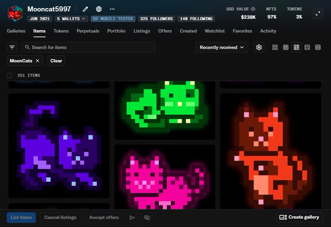An NFT profile for Mooncat5997 shows a collection of pixelated cat NFTs in various colors (purple, green, pink, red) with stats indicating 251 items, 325 followers, and a portfolio value of $236K.