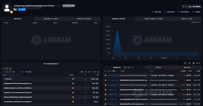 A screenshot of the Arkham intelligence platform dashboard displaying portfolios, balance history, top counterparties, and transfers.