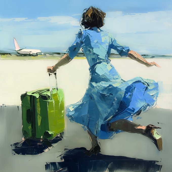A young woman in a flowing blue dress runs across an airport tarmac toward a plane, pulling a green suitcase behind her. The image evokes a sense of departure or journey, complementing the wistful "Good night" message and the note that "Everything is as it should be."