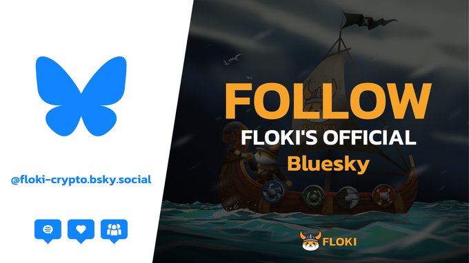 A promotional graphic featuring the Bluesky butterfly logo and handle "@floki-crypto.bsky.social" alongside the text "FOLLOW FLOKI'S OFFICIAL Bluesky," with a Viking ship and Floki branding, encouraging users to follow Floki's official Bluesky account as a mirror of their X content.
