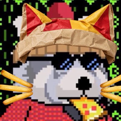A pixel art character with blue eyes wears a brown paper hat and holds a slice of pizza, set against a patterned background.