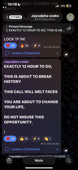 A Telegram channel screenshot from 'Jaysalpha cooks' urging members to 'LOCK TF IN!' with messages claiming 'EXACTLY 12 HOUR TO GO, THIS IS ABOUT TO BREAK HISTORY' and 'THIS CALL WILL MELT FACES'.