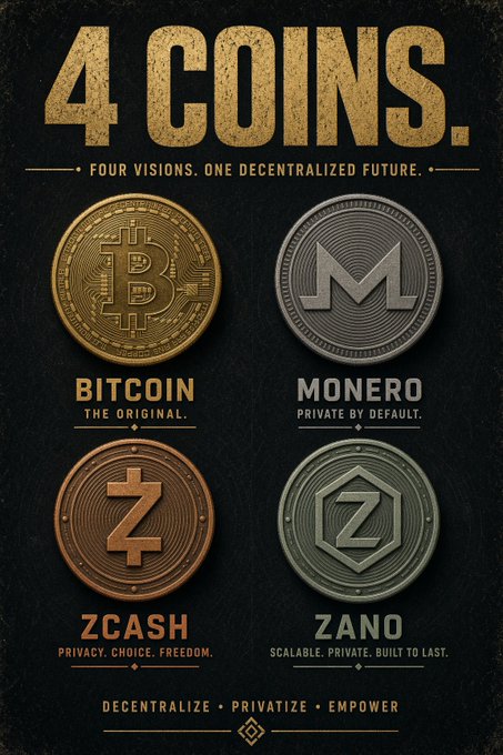 Promotional graphic titled '4 COINS. Four Visions. One Decentralized Future' displaying physical-style coins for Bitcoin, Monero, Zcash, and Zano.