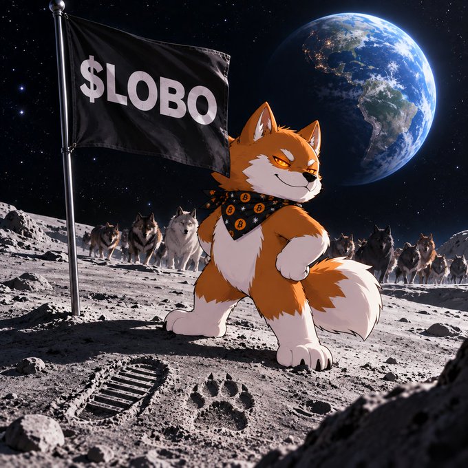 An animated orange and white wolf character wearing a Bitcoin-themed bandana plants a black flag reading '$LOBO' into the lunar surface, with Earth visible in the background and a wolf pack behind.
