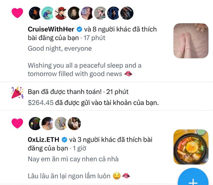 Social media feed showing posts including one from CruiseWithHer saying 'Good night, everyone. Wishing you all a peaceful sleep...' and a payment notification for $264.45, plus a post from 0xLiz.ETH about eating spicy noodles.