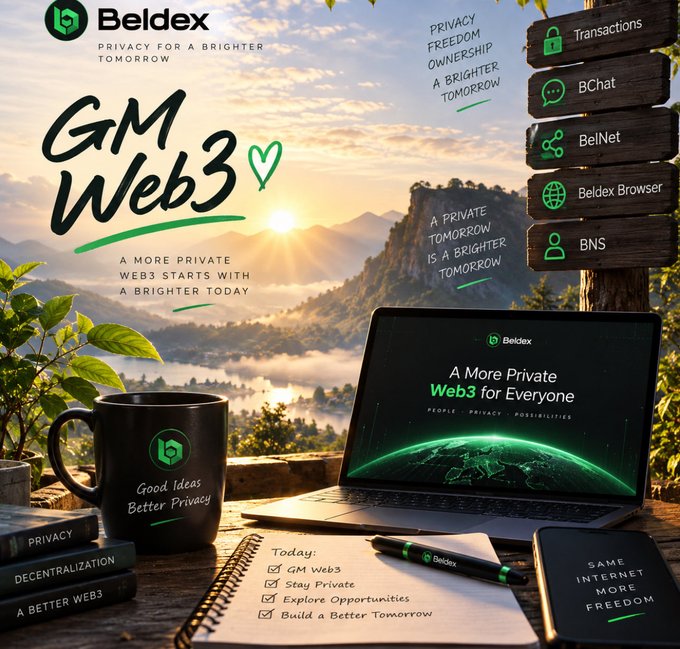 A Beldex promotional image with 'GM Web3' text featuring a laptop, coffee mug, and notebook against a mountain landscape, highlighting products like BChat, BelNet, and Beldex Browser.